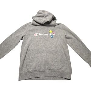 Champion Gray Hoodie Smiley Face LOVE Patch Logo Pullover Sweatshirt Girls
